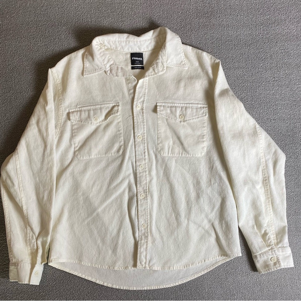 RSQ Men’s Cream Oversized Waffle Relaxed Fit Button-Up Shirt
